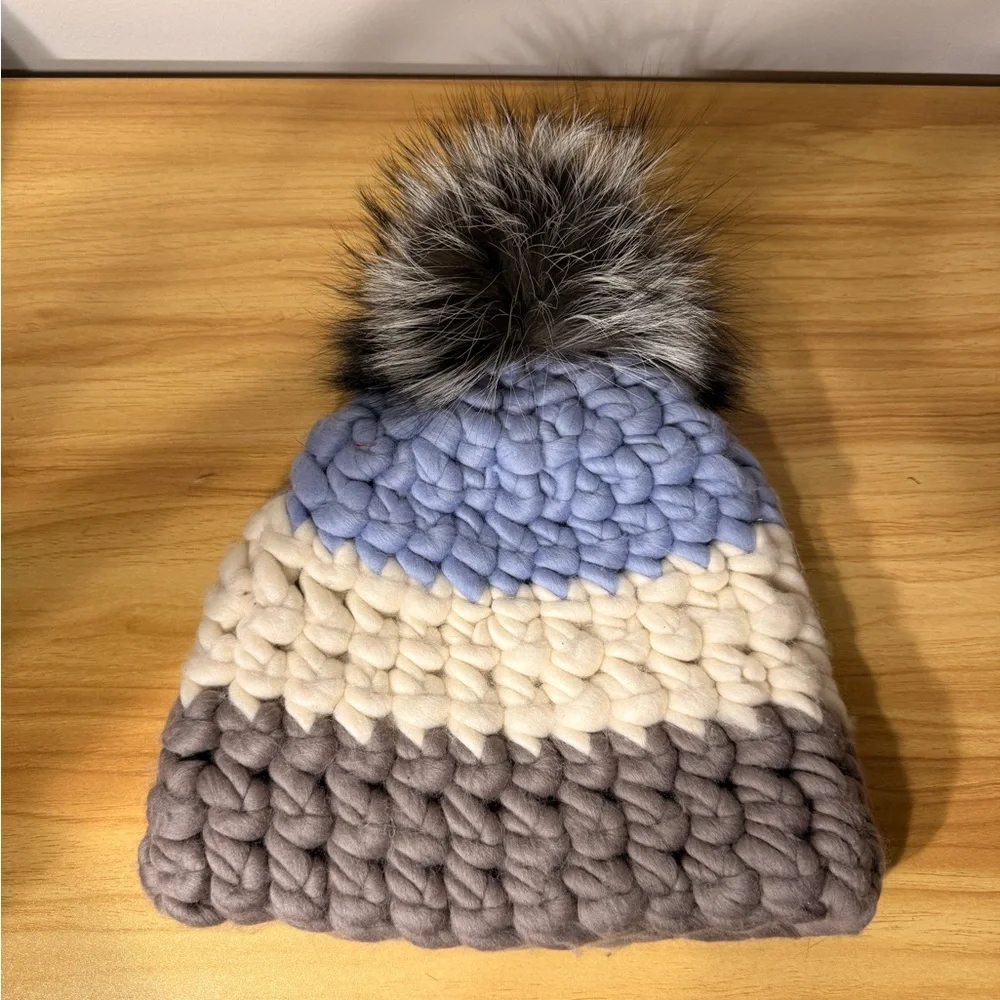 Multi Stripe Pom Pom Merino Wool Chunky Knit Beanie Hat M - Picture 1 of 2